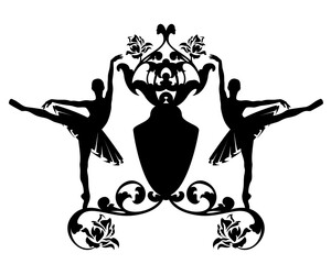 two ballet dancers wearing tutus with heraldic shield and rose flower decor - black and white vector design of ballerina school coat of arms