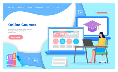 Poster - Online education, training or e-learning concept. Website for education and business courses. Woman sitting at a table with laptop and taking a lesson, distance learning services using internet