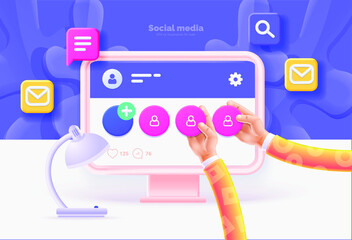 Poster - Social media template. Computer and smartphone with social media user interface. Communication between people using social networks. Vector illustration with computer, phone, icons, 3d style.