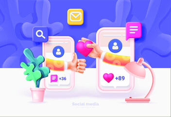 Poster - Smartphone with social media UI. Phone template. Interaction between people through social networks. Social network user interface with new likes, comments, followers. Vector illustration 3d style.