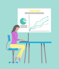 Poster - businesswoman sitting by table with laptop vector. secretary worker analysing infocharts on whiteboa