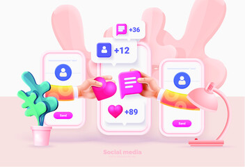 Poster - Smartphone with social media UI. Phone template. Interaction between people through social networks. Social network user interface with new likes, comments, followers. Vector illustration 3d style.
