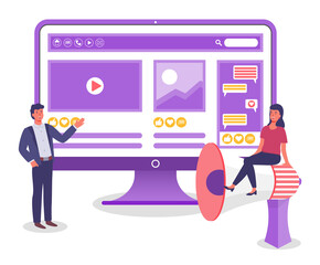 Poster - Huge conceptual monitor with video clip, promotional presentation, advertising, chat. Male manager or salesman points to screen.Young smiling girl sitting on big colorful megaphone. Flat vector image