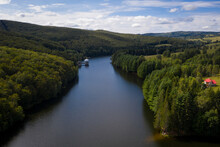 Drone Photograph Of Trei Ape Mountain Lake In Semenic Mountains, Romania