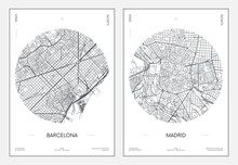 Travel Poster, Urban Street Plan City Map Barcelona And Madrid, Vector Illustration