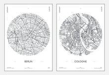 Travel Poster, Urban Street Plan City Map Berlin And Cologne, Vector Illustration