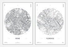 Travel Poster, Urban Street Plan City Map Rome And Florence, Vector Illustration
