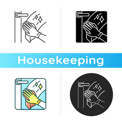 Canvas Print - Windows washing icon. Linear black and RGB color styles. Housekeeping chore, domestic hygiene. Professional cleaning service. Wiping glass window with wet cloth. Isolated vector illustrations