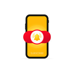 Poster - Subscribe button template with the notification bell on smartphone screen. Red button sign in social media. Vector on isolated white background. EPS 10