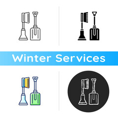 Poster - Snow removal tools icon. Instruments for helping you to clean your car. Winter automobile services. Remove ice and snow. Linear black and RGB color styles. Isolated vector illustrations