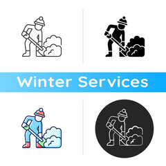 Sticker - Hand shoveling icon. Removing huge amounts of snow with shovel. Hard work in winter. Cleaning area around your house. Linear black and RGB color styles. Isolated vector illustrations