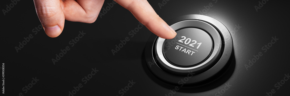2021 - Press the start button. Concept of the New Year. 3D illustration - obrazy, fototapety, plakaty 