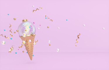 Poster - Christmas and New year background with Christmas ball on Ice cream cone. 3d render.