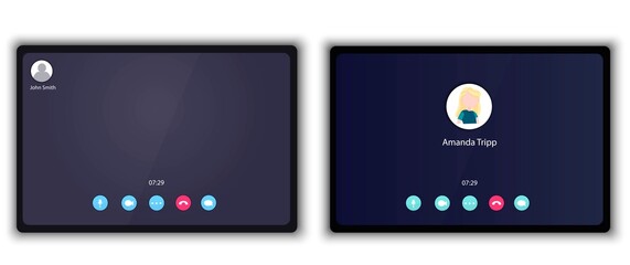 Application for video communication. Web interface with buttons for chat and video calls and video conferencing. Contact image on the screen of a computer, phone. Call window layout during quarantine.