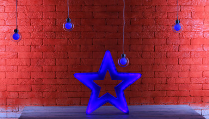 Wall Mural - blue christmas star on red brick wall background