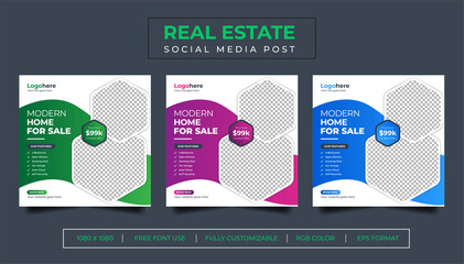 Wall Mural - Real Estate Social Media Post Template, Editable Corporate Elegant Home, Social Media Banners, Sale Social Media Promotion, Multi Color Variant Square Flyer Template.