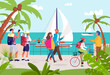People at summer sea resort, vector illustration. Man woman cartoon character walk at ocean seaside, holiday vacation scenery. People walking at seafront landscape, outdoor city view.