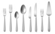 Realistic cutlery. 3d silverware clean closeup top view collection, steel flatware knives, spoons and forks. Restaurant table setting tools vector isolated on white background set
