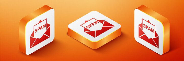 Poster - isometric envelope with spam icon isolated on orange background. concept of virus, piracy, hacking a