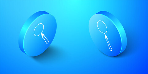 Poster - Isometric Magnifying glass icon isolated on blue background. Search, focus, zoom, business symbol. Blue circle button. Vector.