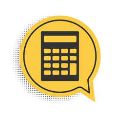 Poster - Black Calculator icon isolated on white background. Accounting symbol. Business calculations mathematics education and finance. Yellow speech bubble symbol. Vector.