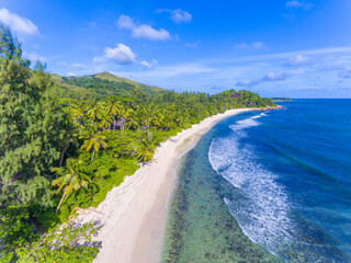 Wall Mural - An aerial view on Grand Anse beach on Praslin island in Seychelles