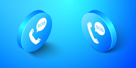 Poster - Isometric SOS call icon isolated on blue background. 911, emergency, help, warning, alarm. Blue circle button. Vector.