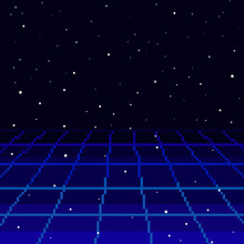 Pixel 80s Retro Wave Sci-Fi Background For Game. Pixel Art 8bit
