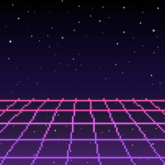 Poster - Pixel 80s Retro Wave Sci-Fi Background For game. Pixel art 8bit