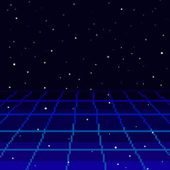 Wall Mural - Pixel 80s Retro Wave Sci-Fi Background For game. Pixel art 8bit