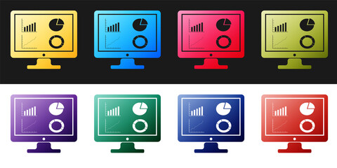 Fototapete - Set Computer monitor with graph chart icon isolated on black and white background. Report text file icon. Accounting sign. Audit, analysis, planning. Vector.
