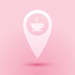 Fototapete - Paper cut Map pointer with hot coffee cup icon isolated on pink background. Paper art style. Vector.