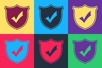 Poster - Pop art Shield with check mark icon isolated on color background. Vector.