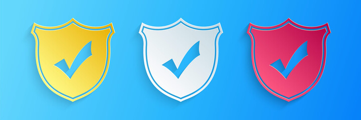 Poster - Paper cut Shield with check mark icon isolated on blue background. Paper art style. Vector.