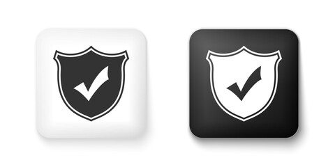 Poster - Black and white Shield with check mark icon isolated on white background. Square button. Vector.