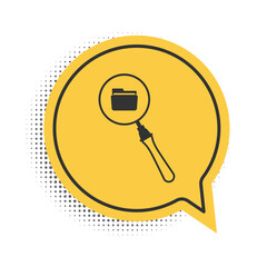 Poster - Black Search concept with folder icon isolated on white background. Magnifying glass and document. Data and information sign. Yellow speech bubble symbol. Vector.