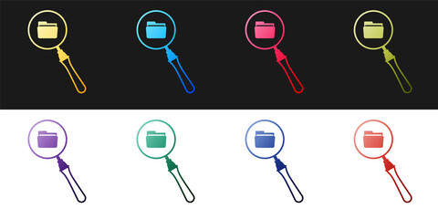 Poster - Set Search concept with folder icon isolated on black and white background. Magnifying glass and document. Data and information sign. Vector.
