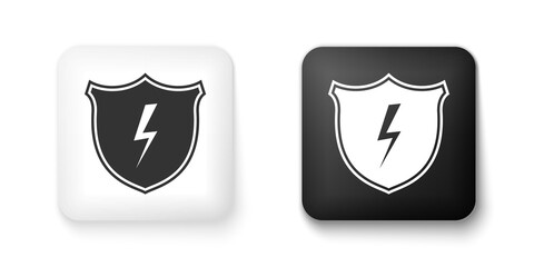 Poster - Black and white Secure shield with lightning icon isolated on white background. Security, safety, protection, privacy concept. Square button. Vector.