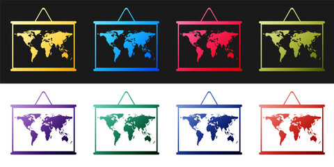 Fototapete - Set World map on a school blackboard icon isolated on black and white background. Drawing of map on chalkboard. Vector.