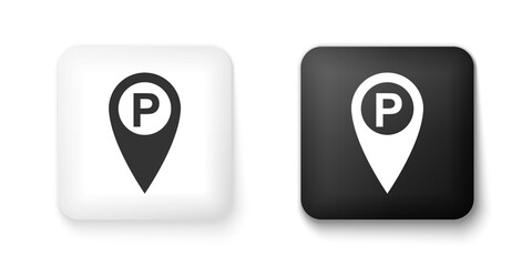 Fototapete - Black and white Map pointer with car parking icon isolated on white background. Square button. Vector.