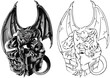 Gothic statue Chimera gargoyles, hand-drawn vector illustration with gothic guards include architectural elements of a roof with a chimney, ancient medieval statues.