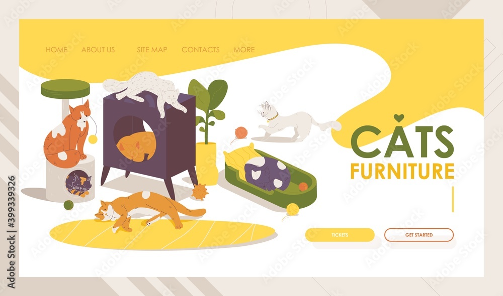 Cats furniture landing page template. Vector kitten sleeping and ...