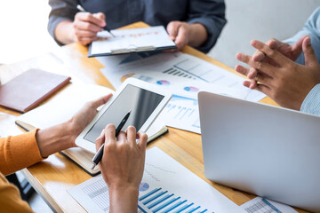 Aufkleber - Business team collaboration discussing working analyzing with financial data and marketing growth report graph in team, presentation and brainstorming to strategy planning making profit of company