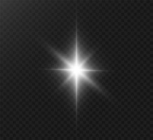 White Glowing Light Explodes On A Transparent Background. Bright Star. Transparent Shining Sun, Bright Flash. Vector Graphics.	