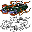 Vintage green car with flames - a classic garage. Tatto style design.