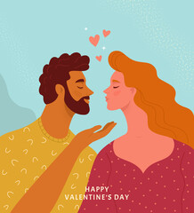 Happy Valentine's Day greeting card. Vector illustration of man in yellow t-shirt and woman in red dress facing each other. Isolated on light blue background