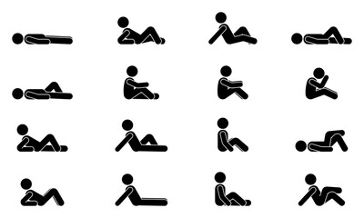 Stick figure male lie down various positions vector illustration icon set. Man person sleeping, laying, sitting on floor, ground side view silhouette pictogram on white