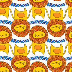 Seamless colorful vector pattern design of a lined ornamental abstract cute lion cats in yellow tones