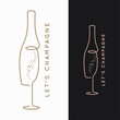 Champagne bottle logo. Glass of champagne on black
