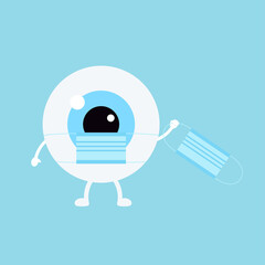 Wall Mural - Cute eyeball with medical mask isolated on background. Flat design cartoon style personal hygiene and coronavirus  or infection prevention and protection character vector illustration. 